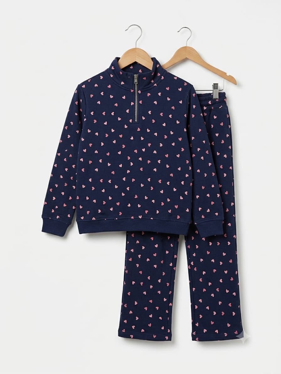Girls Fleece Tracksuit Navy Hearts