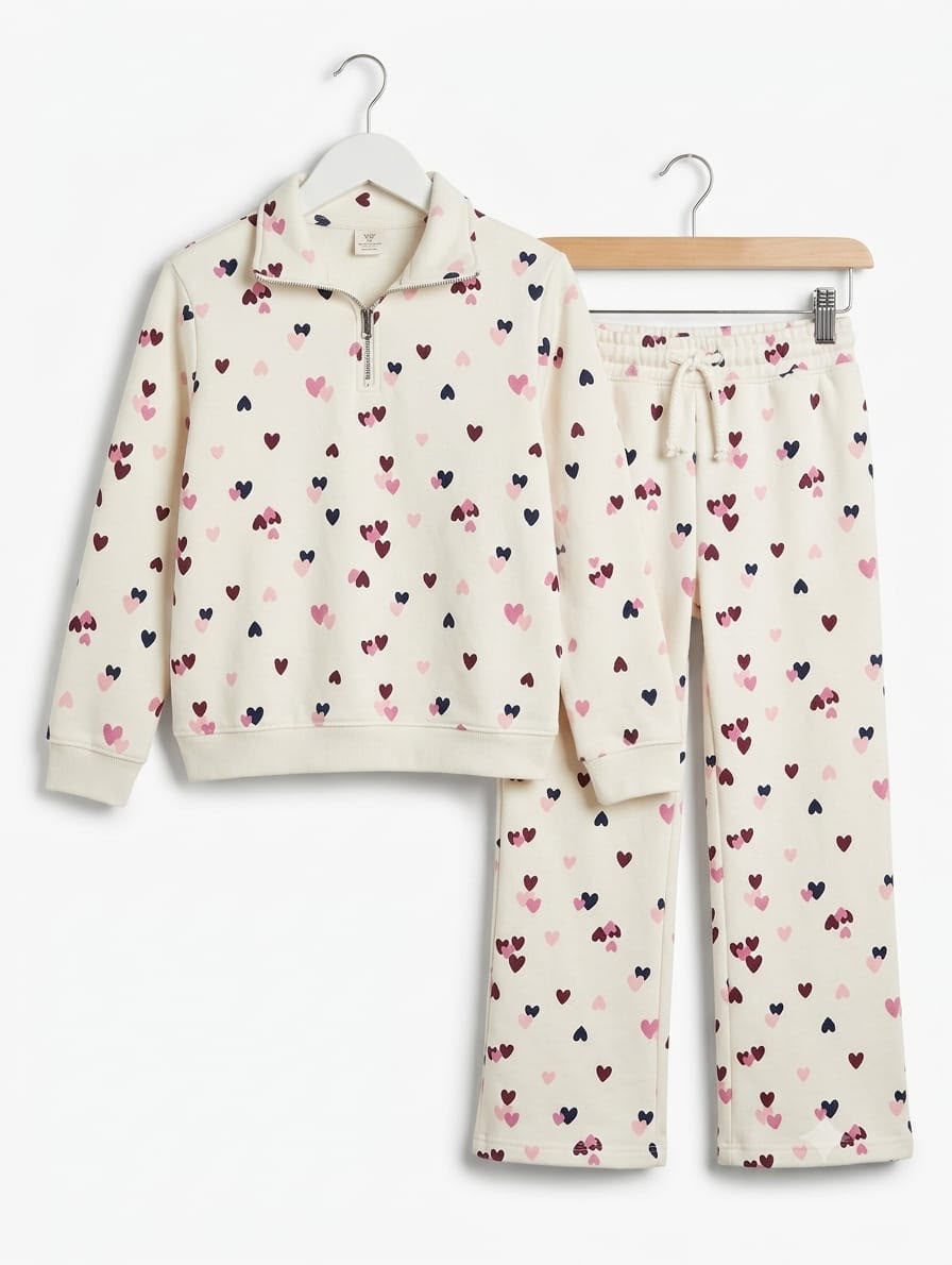 Girls Fleece Tracksuit Cream Hearts